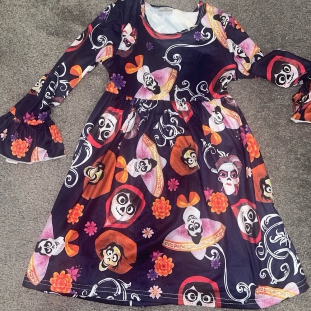 Girls Day of the Dead Skull Print Dress - Purple & Orange